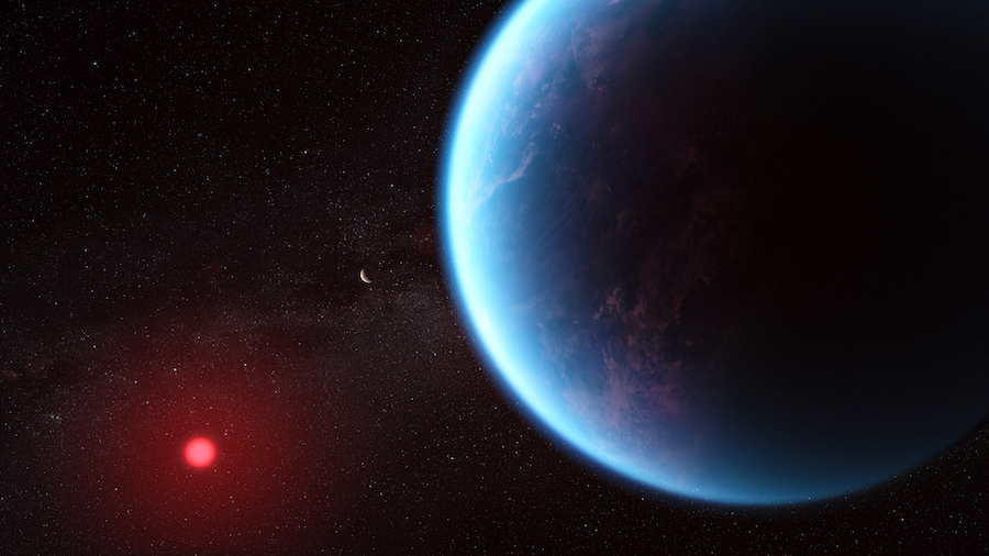 Artist's concept showing what exoplanet K2-18 b could look like based on science data. JWST has revealed the presence of carbon-bearing molecules including methane and carbon dioxide. Credits: NASA/CSA/ESA/N. Madhusudhan (Cambridge University).
