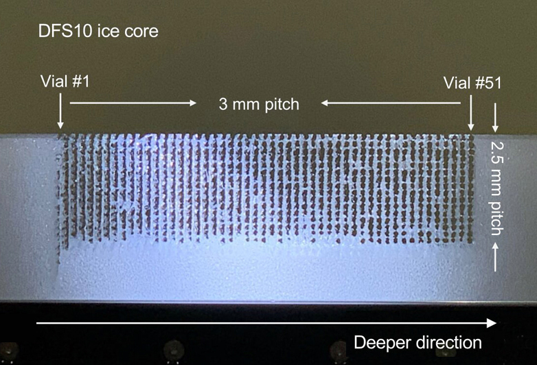 A photograph showing discrete cylindrical holes after sampling (51 vials) a 15 cm-long section of a Dome Fuji shallow ice core (DFS10) drilled in East Antarctica. Credit: RIKEN.