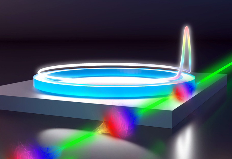 An artistic rendering of a beam of free electrons interacting with an optical pulse in a ring-shaped microresonator. Credit: Ryan Allen / Second Bay Studios.
Researchers at EPFL and Max Planck have merged nonlinear optics with electron microscopy, unlocking new capabilities in material studies and the control of electron beams.