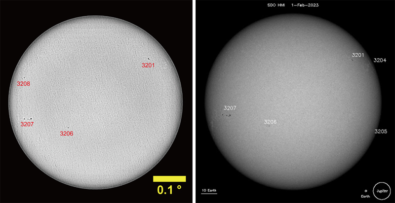 
<cap 4D>Left: Image of the Sun taken by the metalens from the roof of the Science Center in Cambridge. Sunspots are labled in red. Credit: Capasso Lab/Harvard SEAS. Right: Image of the sun taken by NASA on the same day, with the same groups of sunspots identified. Credit: NASA.