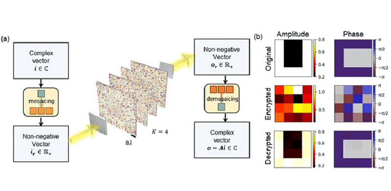 Spatially incoherent diffractive optical processors can handle data beyond non-negative values, potentially making them valuable in diverse scenarios, such as visual encryption and autonomous vehicle navigation. In a spatially incoherent diffractive network model, a complex-valued element of the input vector is represented by a set of real, non-negative intensity values (mosaicing) and the resulting input intensity pattern is fed into the incoherent diffractive network (a). At the output, a complex-valued vector element is synthesized from a predefined set of pixels (demosaicing). To demonstrate an application, the letters 'U' and 'C' are encoded in the amplitude and phase of a complex image, which is encrypted digitally and thereupon decrypted using the spatially incoherent diffractive optical network (b). The decrypted complex image matches the original image very well. Credit: Ozcan Lab, UCLA.