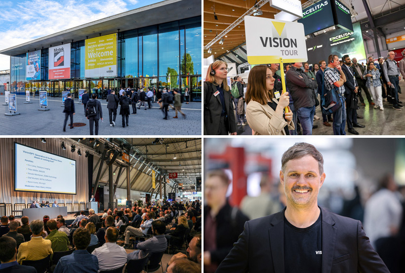 Visions of Stuttgart: from top left, the show opened its doors from 8 to 10 October; guided tours provided exclusive insights into user industries; Industrial VISION Days provided a platform for more than 70 talks; and Florian Niethammer, Head of Exhibitions at Events at Messe Stuttgart. Picture credits: Landesmesse Stuttgart.