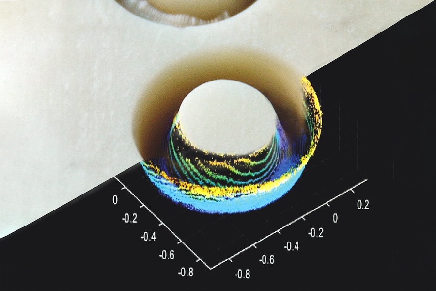 Circular laser cut on a bovine bone with superimposed point cloud from the measurement data of an OCT scan. Credit: Fraunhofer ILT.
