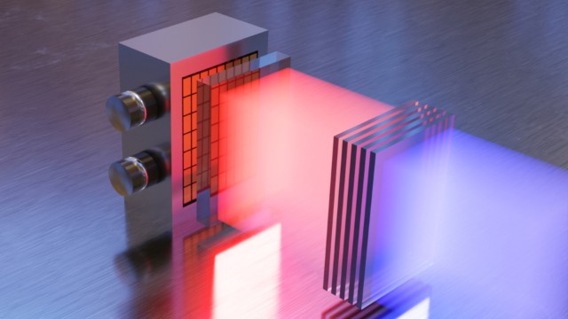 Artist's rendering of a diode laser module with beam shaping for pumping plate stack amplifiers in high-energy lasers. Such diode laser pump modules are considered a key component for fusion power plants of the future. &copy; Fraunhofer ILT, Aachen, Germany.