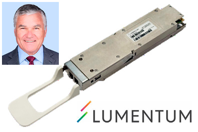 Lumentum CEO Alan Lowe and an enhanced 800G ZR+ coherent pluggable transceiver, optimized for extended reach and higher optical power applications. Images: Lumentum.