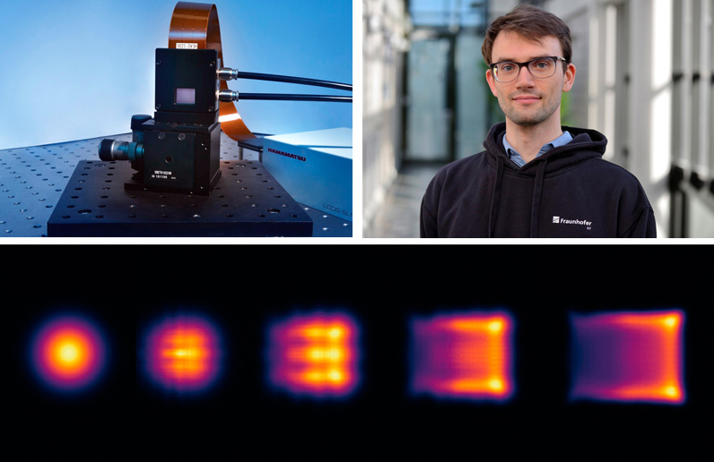 Above: LCoS-SLMs can be used to generate almost any beam profile in the LPBF process by selectively bending the phase front of the laser beam; right: Marvin Kippels; below: Redistribution of the laser beam intensity during propagation after reflection at a phase mask of an LCoS-SLM. &copy; Fraunhofer ILT, Aachen, Germany.