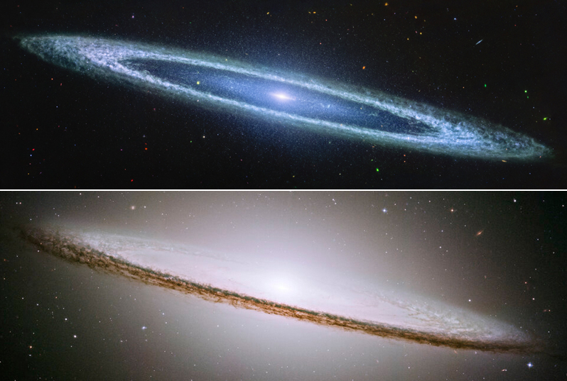 The Sombrero Galaxy: new Webb view (above) and 2003 Hubble view (below). The glowing core seen in Hubble's visible-light view does not dazzle in the new infrared image, which reveals 