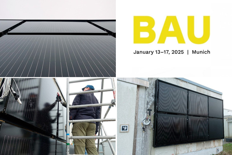 The new photovoltaic building elements may be seen at the BAU expo, in Munich, in January. The research team developed a variant with an insulating material made of hemp fibers and a variant made of mushroom material. Pictured here is a demonstration installation of six PV faÃ§ade elements at the Fraunhofer IBP location. The amount of PV elements can be extended as required, colored as needed and installed quickly. &copy; Fraunhofer ISE / Photo: Mona Muehlich.