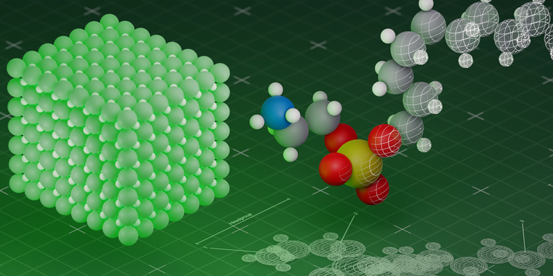 Researchers have created special molecules (right) that form a protective layer around the quantum dot to make a quantum dot consisting of a perovskite nanocrystal (left) more efficient. Illustration: Kovalenko Lab.