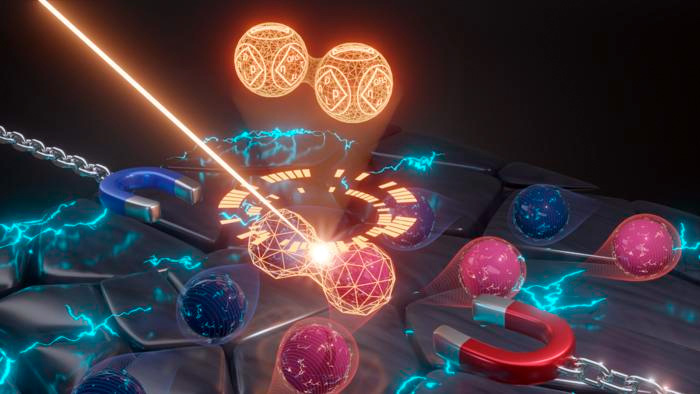 The bright spheres symbolise bound charge carriers (negative and positive) in the material. The light beam separates these charges, which are then deflected in different ways in the applied magnetic field. With the CLIMAT method, around 14 different parameters of the transport properties in semiconductors can be measured with a single measurement, for example density, lifetime, diffusion lengths and mobility. Credit: Laura Canil (www.canilvisuals.com)