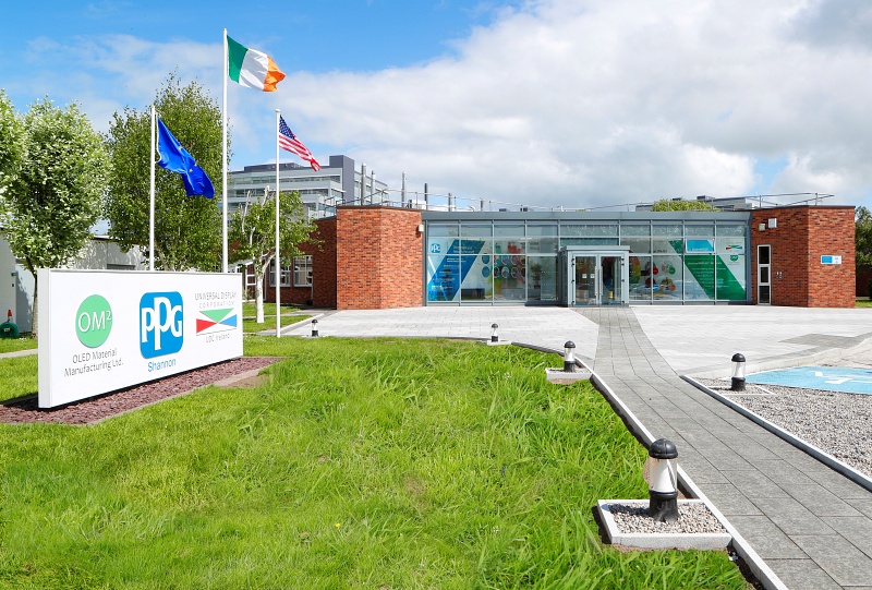 Universal Display Corporation and PPG's state-of-the-art OLED manufacturing site in Shannon, Ireland, which opened last year. The US company expects OLEDs to proliferate beyond the key applications of smart phones and premium TVs over the next few years. Photo: Business Wire. 