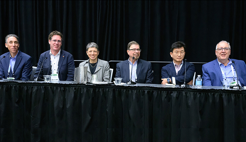 A panel discussion at SPIE Advanced Lithography + Patterning on the future of EUV lithography. From left to right: Mark Slezak, JSR (Japan); Jan van Schoot, ASML (Netherlands); Emily Gallagher, imec (Belgium); Frank Abboud, Intel (USA); Youngseog Kang, Samsung (RoK); and Andreas Erdmann, Fraunhofer IISB (Germany).