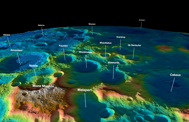 Lunar Reconnaissance Orbiter's Lunar Orbiting Laser Altimeter has produced detailed maps of the Lunar South Pole, including where water ice appears to fill the bottoms of permanently shadowed craters.
NASA / LRO.
