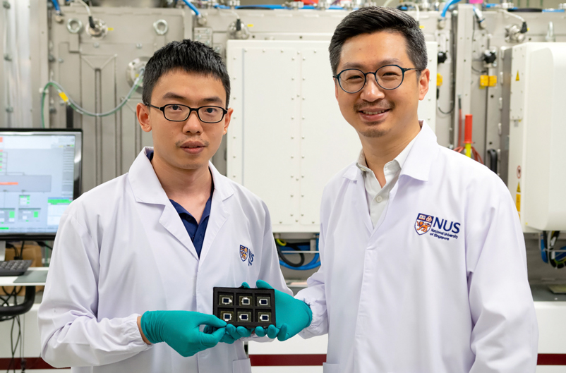 Assistant Professor Hou Yi (right) and Dr Liu Shunchang (left) fabricated the new triple-junction perovskite/Si tandem solar cells using cutting-edge technologies and equipment at the Solar Energy Research Institute of Singapore in NUS. These tandem solar cells have an impressive certified world-record power conversion efficiency of 27.1 per cent across an active area of 1 sq cm.