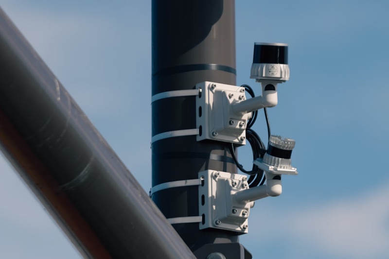An example of Ouster's digital lidar sensors, seen deployed at a road intersection in the US. The company's stock price has nearly doubled in value since a recent financial update from the firm showed strong bookings. Photo: Ouster/Business Wire.