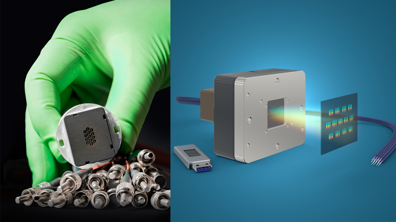 (L) Without the image sensor, 39 spectra can be seen at the output of the optics; (R) the fiber-coupled microspectrometer array maps 39 spectra onto a CMOS sensor. &copy; Fraunhofer IOF.
