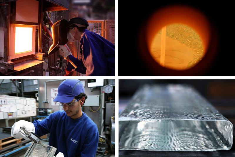 Successful testing on a large industrial scale: Schott has produced an optical glass with 100% hydrogen for the first time. Photos: Schott.