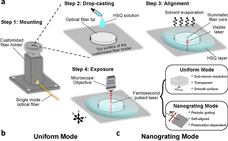 Printing process and example 3D structures in glass on optical fiber tips. (a) The fabrication process. Step 1: Mounting single-mode optical fiber in a customized fiber holder. Step 2: Drop-casting HSQ solution on the optical fiber tip. Step 3: Evaporating solvent. Injecting a visible laser from the other end of the fiber to illuminate the fiber core for alignment. Step 4: Exposing the HSQ layer with the femtosecond pulsed laser. Uniform Mode and Nanograting Mode can be selected by choice of exposure parameters. (b) A woodpile structure printed using Uniform Mode. The inset shows a close-up of the printed structure: the lateral width of each beam is below 400 nm. (c) Characters 