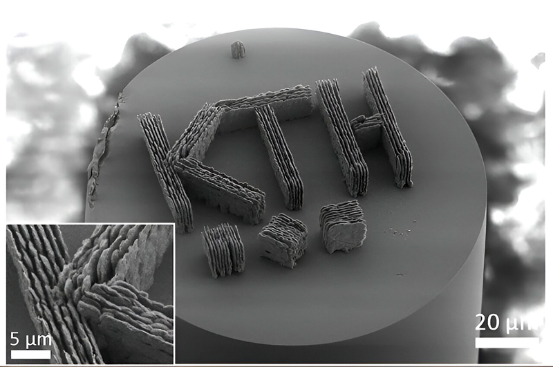 3D printing 1,000 times smaller than a grain of sand. Microscopic image of a printed glass demonstration structure on tip of optical fiber. Credit: Lee-Lun Lai, et al.