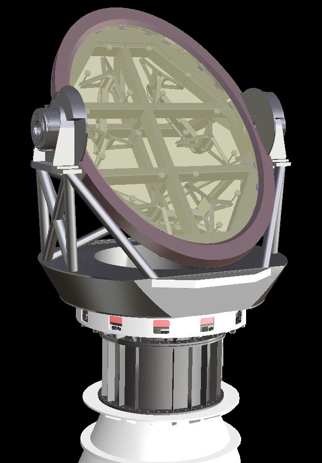 Rendering design of the TMT Tertiary Mirror System (M3S). The Tertiary Mirror Support System and Positioner Assembly (M3SSPA) will serve as a key subcomponent of the M3S. It will support and position the tertiary mirror (M3), a large, flat, elliptical mirror situated near the primary mirror's center. Image credit: AMOS.