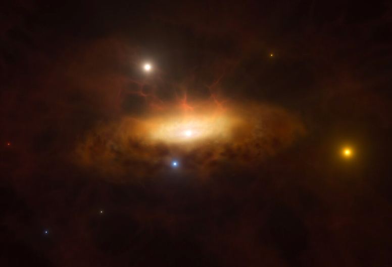 In late 2019, the galaxy SDSS1335+0728 suddenly started shining brighter than ever before and was classified as having an active galactic nucleus, powered by a massive black hole in the galaxy's core. This is the first time the awakening of a massive black hole has been observed in real time. This artist's impression shows the growing disc of material being pulled in by the black hole as it feeds on the gas available in its surroundings, making the galaxy light up. Credit: ESO/M. Kornmesser.