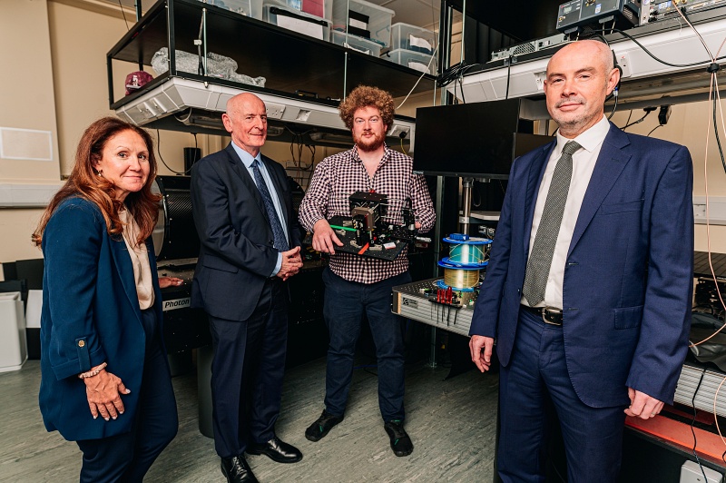 The Heriot-Watt team, pictured with optics and photonics equipment that will be installed in the new HOGS facility to enable quantum-secured satellite links. Photo: Heriot-Watt University.
