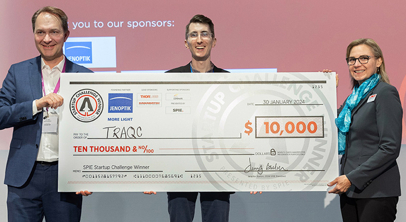Winner of the SPIE Startup Challenge in 2024: Jenoptik's Ralf Kuschnereit, TRAQC's Benjamin Dringoli, and 2024 SPIE President Jennifer Barton. Photo: SPIE.