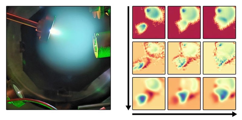Pictured on the left, human vision of the pulsed laser deposition plasma plumes. On the right, images from movies of the interpretation of the plasma plumes by AI, which can predict film growth characteristics Credit: Sumner Harris/ORNL, U.S. Dept. of Energy.