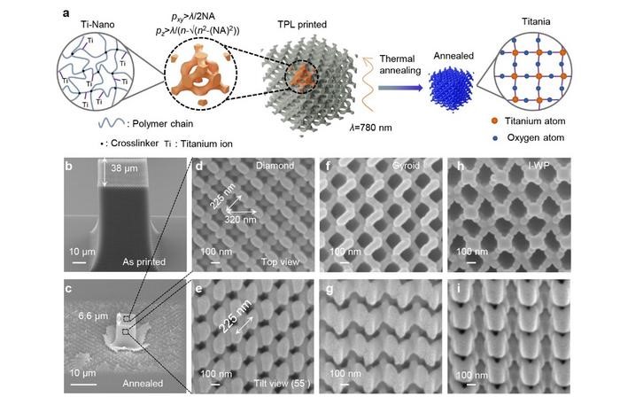 Figure 1. (a) Schematic of the fabrication process. (b) Scanning electron microscope (SEM) image of an as-printed diamond PhC. (c) Tile view SEM image of the annealed diamond PhC. (d-i) High-magnification SEM images of the top and tilt view of the annealed diamond (d-e), gyroid (f-g) and I-WP (h,i) PhCs, respectively. Credit: SUTD.