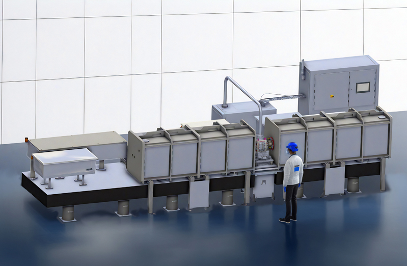 PLANET waves: Trumpf is developing a high-energy laser amplifier with a high average output power in the kilowatt range that still requires a comparatively small footprint (8 m in length). The output stage is located in a vacuum chamber. Graphic: Trumpf.