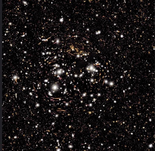 Still from a synthetic OpenUniverse animation shows the type of science that astronomers will be able to do with future Roman deep-field observations. The gravity of intervening galaxy clusters and dark matter can lens the light from farther objects, warping their appearance as shown in the animation. By studying the distorted light, astronomers can study elusive dark matter, which can only be measured indirectly through its gravitational effects on visible matter. As a bonus, this lensing also makes it easier to see the most distant galaxies whose light the dark matter magnifies. Caltech-IPAC/R. Hurt.