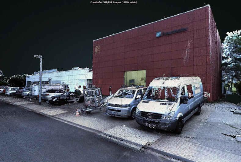 In the visual representation, the point clouds are colored using camera images. The end result is a virtual 3D environment that combines vividness with precision geometric information. Users can move around freely in the virtual scenery. &copy; Fraunhofer FKIE.
