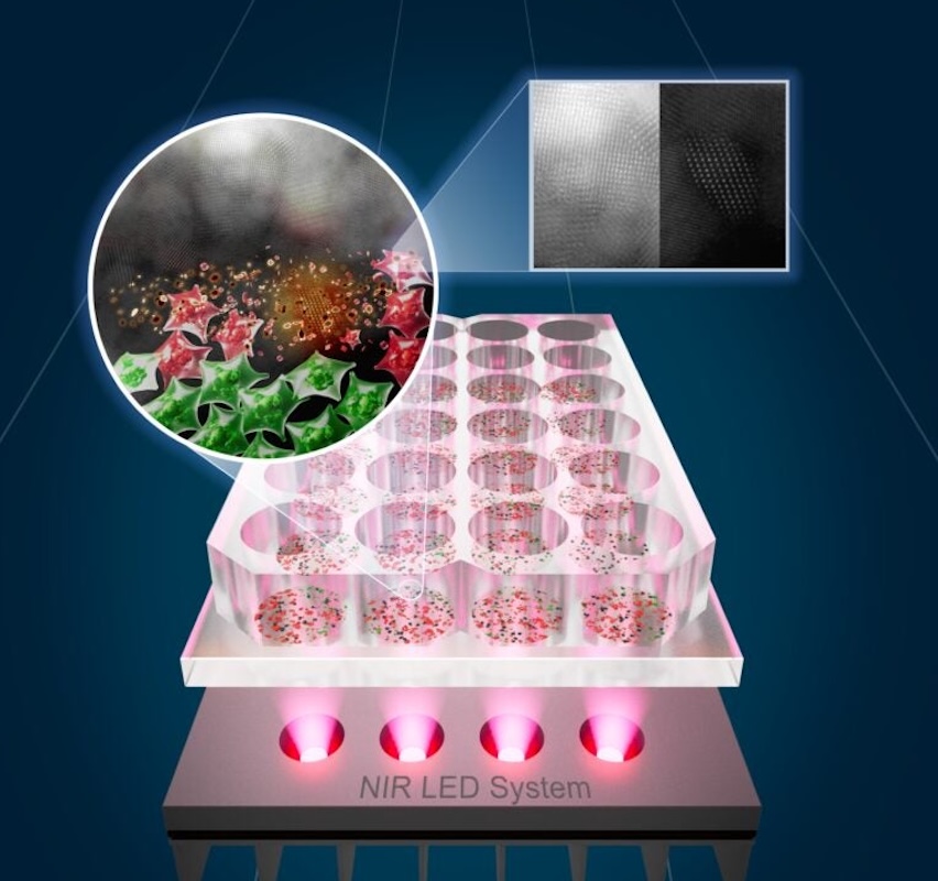 The researchers' custom near-infrared LED heating system activates SnOx nanoflakes that heat and neutralize cancer cells (green: live cells; red: cells killed by photothermal therapy). Credit: UT Austin.