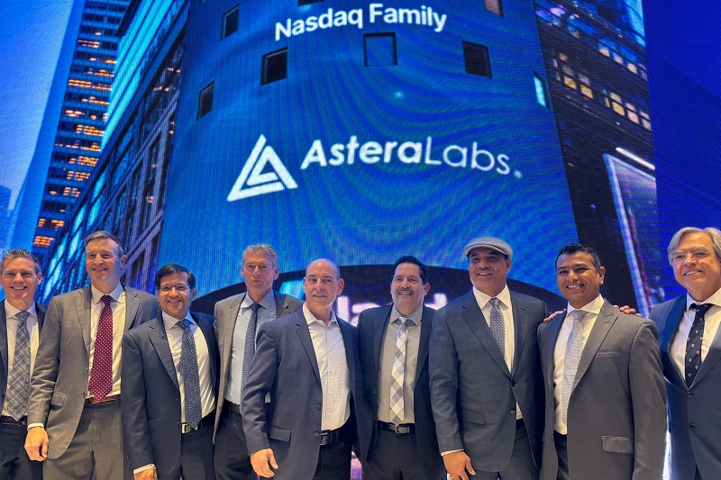 Astera Labs' leadership team outside the Nasdaq, where the San Jose company's stock was listed following a $670M IPO completed in March 2024. The company, working closely with the likes of Nvidia and Intel on rack-scale AI infrastructure, has agreed a deal to acquire the German startup aiXscale Photonics, which has developed novel packaging technology for optical data links. Photo: Intel Capital.