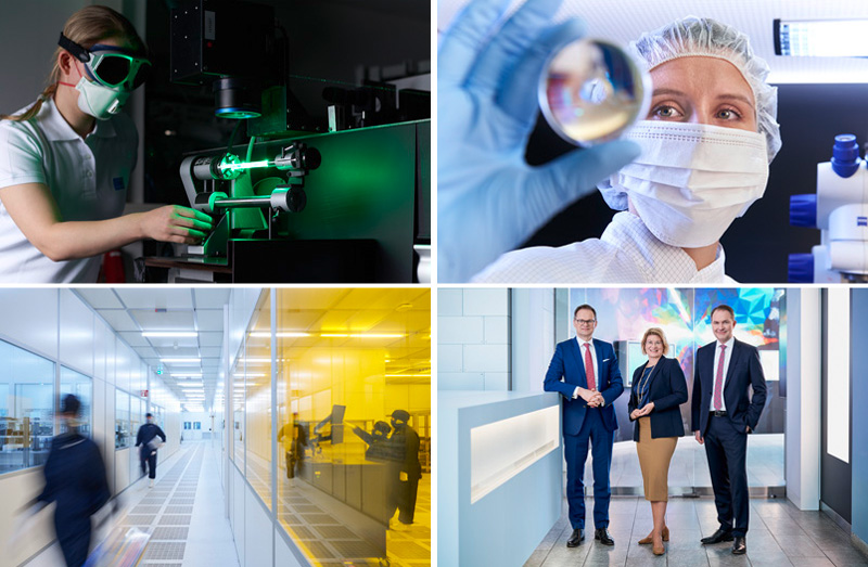 Diversified (from top left): Production of diode lasers; polymer optics; cleanroom at the new Dresden fab; Executive Board, from left: Dr. Stefan Traeger, Dr. Prisca Havranek-Kosicek, Dr. Ralf Kuschnereit. Photos: Torsten ProÃŸ / Anna Schroll.