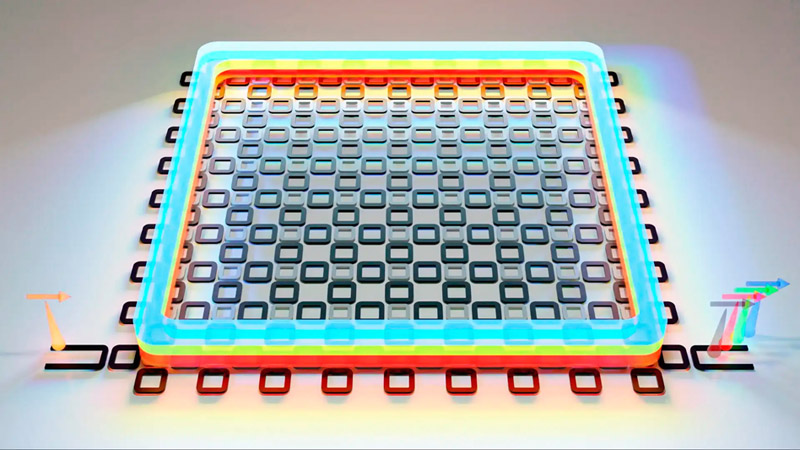 Researchers at JQI have designed and tested new chips that reliably convert one color of light (represented by the orange pulse in the lower left corner of the image above) into many colors (represented by the red, green, blue and dark grey pulses leaving the chip in the lower right corner). The array of rings