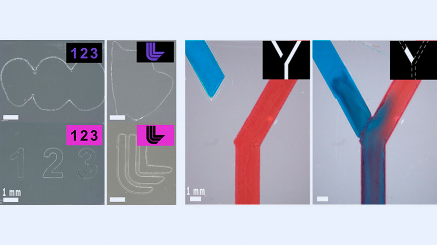 Demonstrations of the LLNL corrective manufacturing technique. In the left panel (a), low resolution printed shapes are shown at top and corrected shapes are shown at bottom. In the right panel (b), hybrid manufacturing is used to correct a gap in a fluidic structure. Credit: Howard et al. / LLNL.