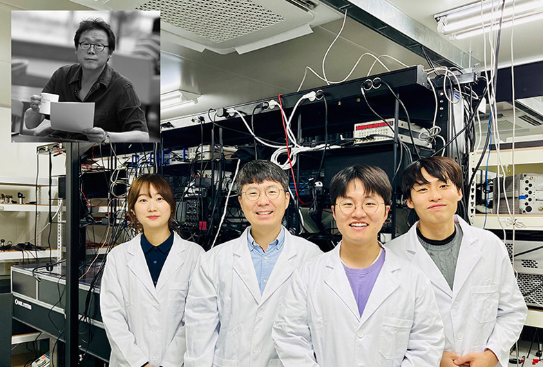 KAIST's Quantum Process Tomography development team. L-R: PhD candidate Geunhee Gwak, Prof. Young-Sik Ra, Dr. Chan Roh, Ph.D candidate Young-Do Yoon from KAIST. Inset: Prof. M.S. Kim from Imperial College London. Images: KAIST.
