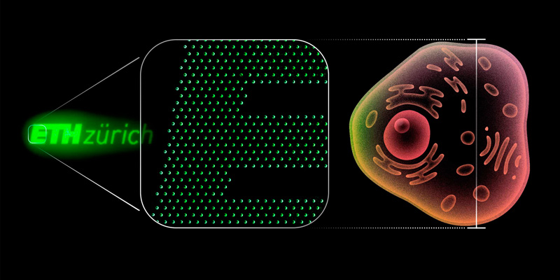This ETH Zurich logo consists of 2,800 nano light-emitting diodes and, at a height of 20 Î¼m, matches the size of a human cell. A single pixel measures around 0.2 Î¼m (200 nm). Image: Amanda Paganini / ETH Zurich.