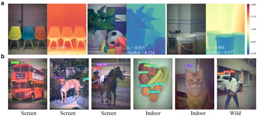 Application of the neural array imaging system for (a) RGB image and depth estimation and (b) object detection results using the pre-trained YOLOv5s model on images from the neural array imaging system. Credit: Tongji University/eLight.