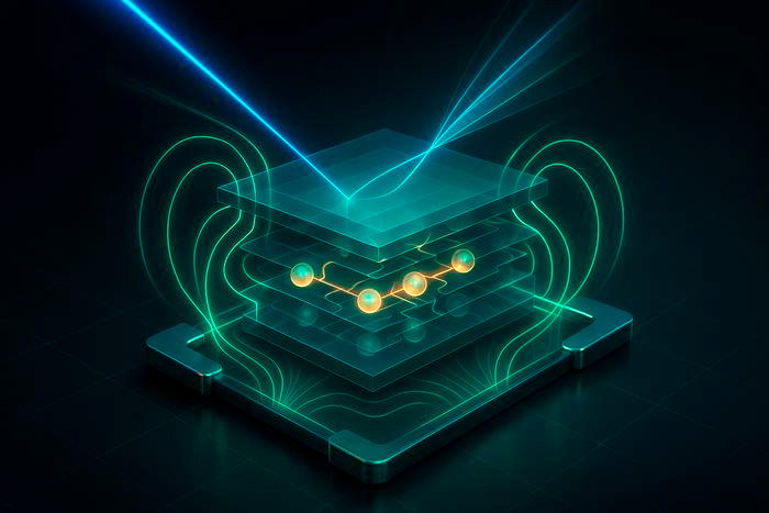Artistic impression of a 2D crystal inside a chip, where light (in blue) couples to the electric field of the crystal (in green). TU Delft / Nijmegen University.