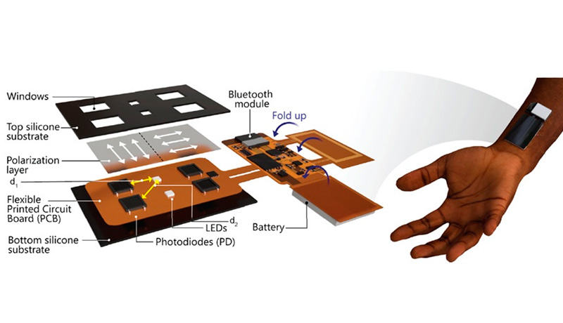 A polarization-sensitive wearable device for perfusion index measurements across skin tones uses polarized light to improve the accuracy of photoplethysmography (PPG) signals across different skin tones. Image of design and application, courtesy of R. Jakachira (Brown University).
