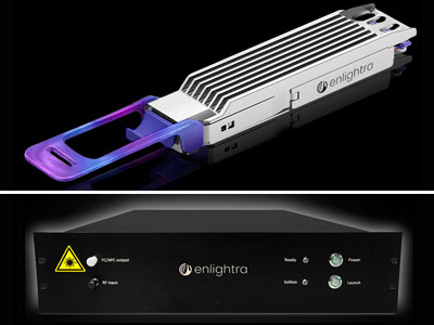 (above) Enlightra's external-laser small form-factor pluggable module for co-packaged optics, centered on 1290 - 1310 nm, with up to 32 comb lines per output; (below) the SLC Comb Laser, offering comb spacing up to 1000 GHz, with a comb bandwidth above 60 nm. Images: Enlightra. 