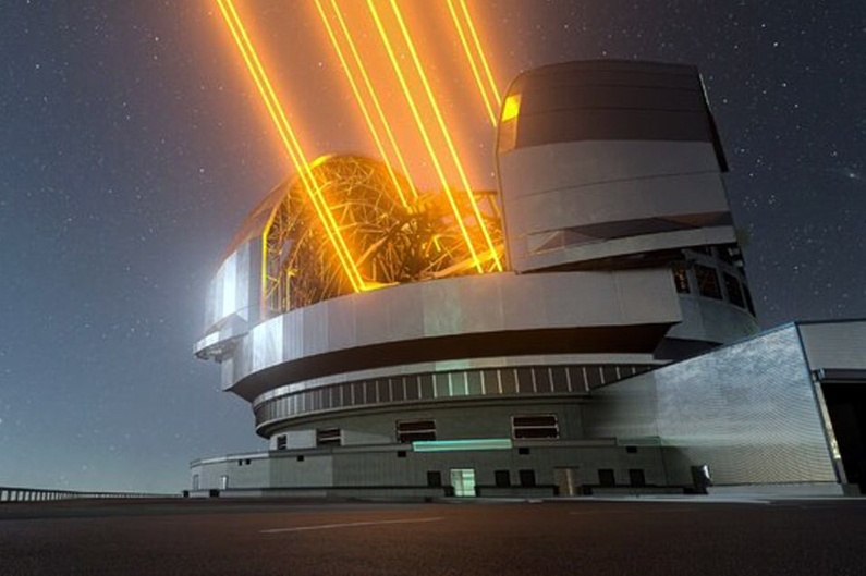 Existing laser guide stars use a 589 nm wavelength that corresponds to an energy transition in sodium atoms. This image shows an artist's impression of what the Extremely Large Telescope (ELT) might look like when it is completed. Credit: ESO.
