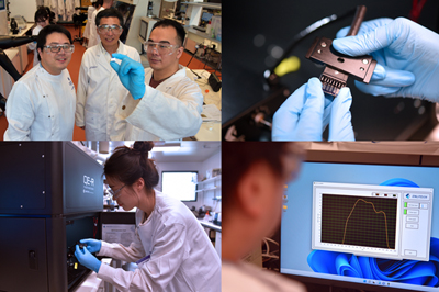 Examining the small but mighty solar cell technology set to revolutionise photovoltaics after another world-record efficiency breakthrough are (from left) Dr Peng Chen, Professor Lianzhou Wang and Dr Dongxu He.