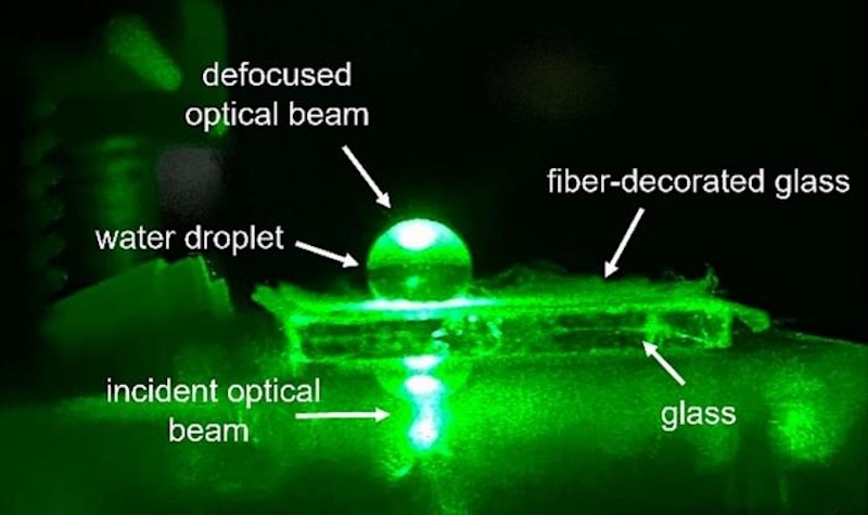 Ateneo de Manila University researchers coated a glass slide with electrospun PVC fibers, making a hydrophobic surface that enables a water droplet to maintain its spherical shape and optical properties. Adjusting the volume of water in the droplet changes its optical properties. Credit: Ateneo de Manila University/Results in Optics.