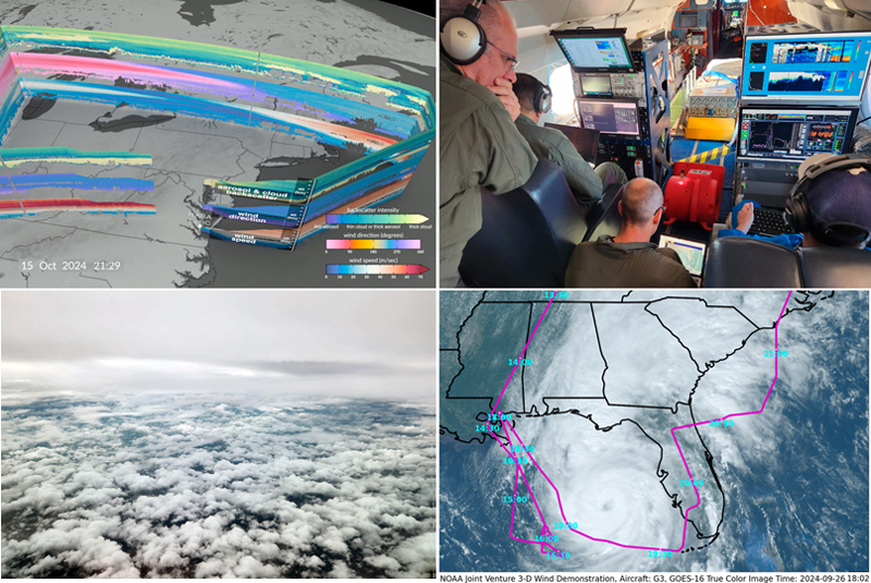 From top left: (1) 3D wind measurements from NASA's Aerosol Wind Profiler instrument flying on board a specially mounted aircraft along the East Coast of the U.S. and across the Great Lakes region on Oct. 15, 2024. Credits: NASA/Scientific Visualization Studio. (2) The AWP and HALO instrument teams observing incoming data on board NASA's G-III aircraft over Tennessee while heading south to observe Hurricane Helene. Sept. 26, 2024. NASA/Maurice Cross. (3) A view of the outer bands of Hurricane Helene off the coast of Florida during NASA's science flights demonstrating the Aerosol Wind Profiler instrument on Sept. 26, 2024. NASA/Maurice Cross. (4) The flight plan of NASA's G-III aircraft - outfitted with the Aerosol Wind Profiler - as it gathered data across the Southeastern U.S. and flew through portions of Hurricane Helene on Sept. 26, 2024. The flight plan is overlaid atop a NOAA Geostationary Operational Environmental Satellite-16 (GOES) satellite image from that day. NASA/John Cooney.