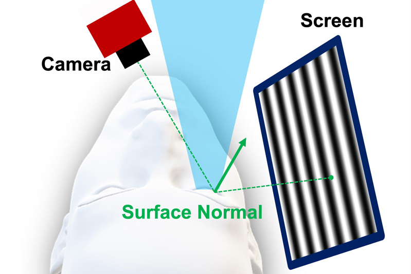 A camera records patterns of light as they reflect off the surface of the eye. An algorithm uses a so-called surface normal vector - the direction that is perpendicular to the eye surface - to measure the eye shape, which can then be used to estimate gaze direction. Credit: Florian Willomitzer and Jiazhang Wang.