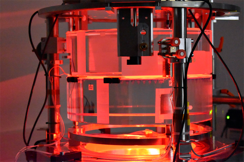 The Visible Tunable Filter's (VTF) etalon, pictured here, consists of two reflecting plates, employed for measuring small differences in the flux of light for different wavelengths using the interference it produces. The size of the etalon, and its extreme high surface quality, are unique and unprecedented. The VTF was designed and built by the Institut fÃ¼r Sonnenphysik (KIS) in Freiburg, Germany, and has now been integrated into the Inouye Solar Telescope in Maui, HI - where it recently successfully saw first light. Credit: KIS.