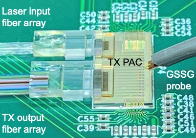 One of Enosemi's silicon photonics chiplets, a parallel single mode (PSM) 16-channel 112 Gb/s transmitter. The startup is now part of tech giant AMD. Image: Enosemi/AMD.